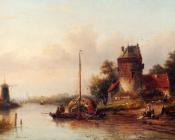 扬雅各布柯恩拉德施普勒 - A River Landscape In Summer With A Moored Haybarge By A Fortified Farmhouse